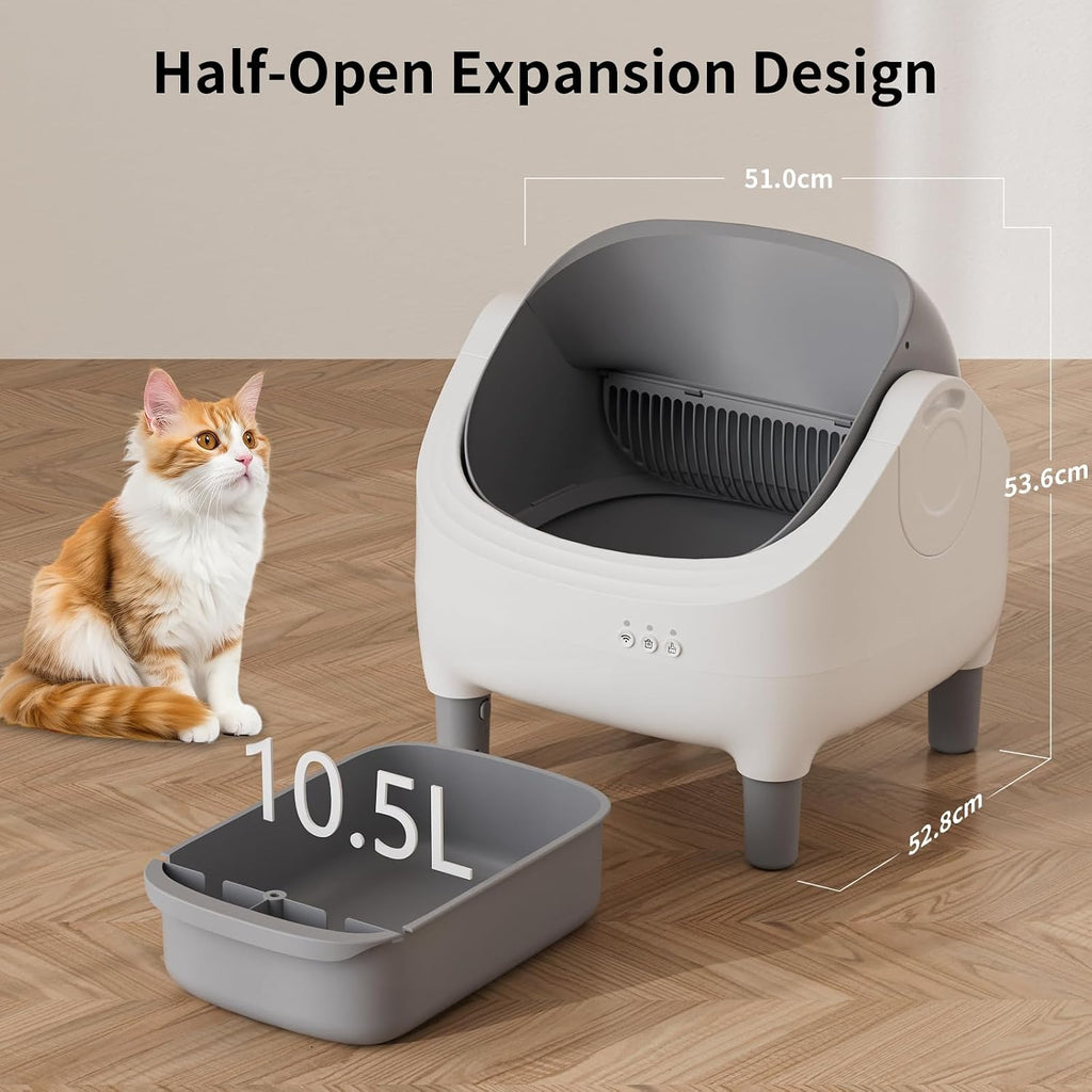 Open Top Design Automatic Cat Litter Box,Self Cleaning Litter Box for Multiple Cats & Senior Cats,App Control with Safty Sensors,Low Odor, Incledes Trash Bags,Grey