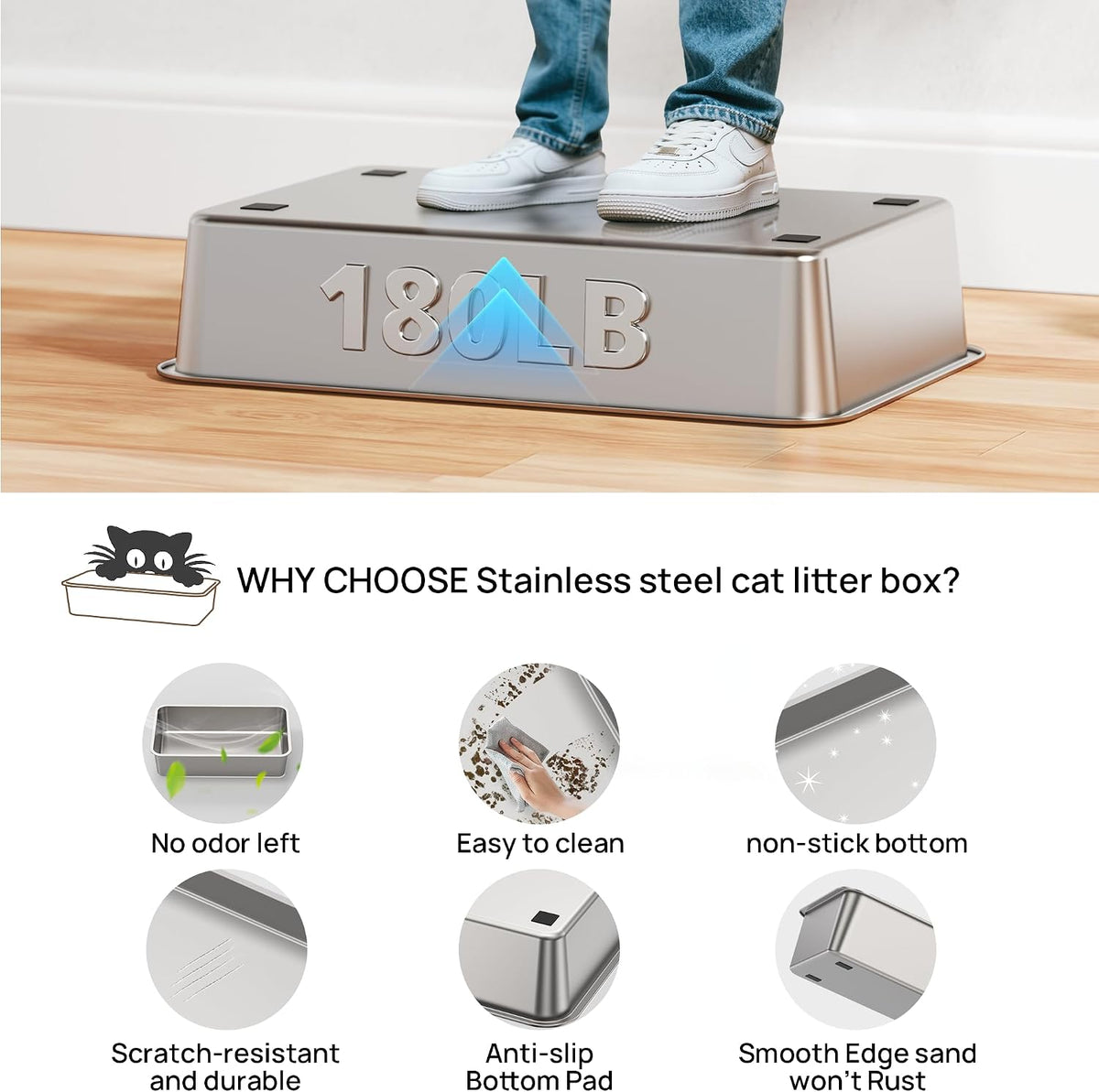 Stainless Steel Cat Litter Box with Lid, XL Flip-Top Anti-Leak, Light Grey