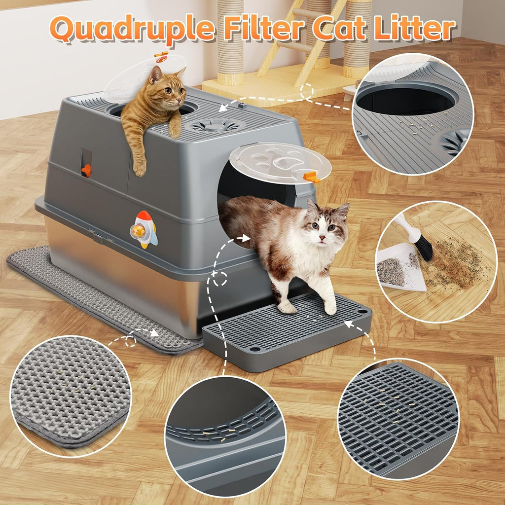 Extra Large Stainless Steel Cat Litter Box Cat Litter Tray with Quick Clean Flip-Top Kitty Litter Box with Lid 60L x 40W x 39H CM Enclosed Cat Litter Boxes with Litter Scoop Footboard and Mat (Grey)