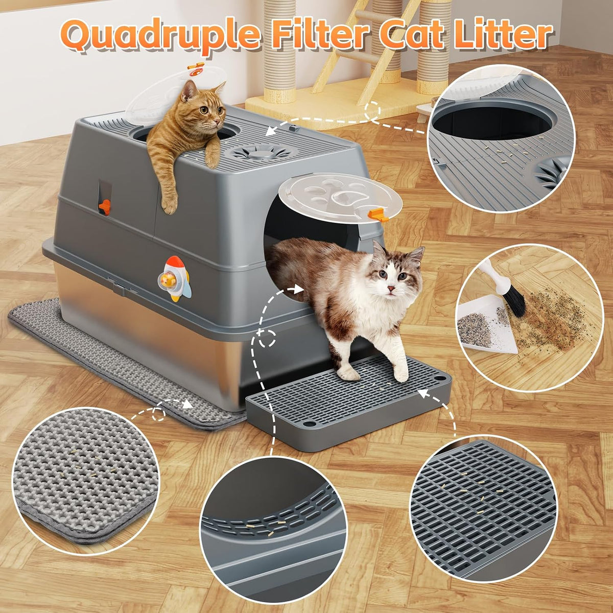 Extra Large Stainless Steel Cat Litter Box Cat Litter Tray with Quick Clean Flip-Top Kitty Litter Box with Lid 60L x 40W x 39H CM Enclosed Cat Litter Boxes with Litter Scoop Footboard and Mat (Grey)