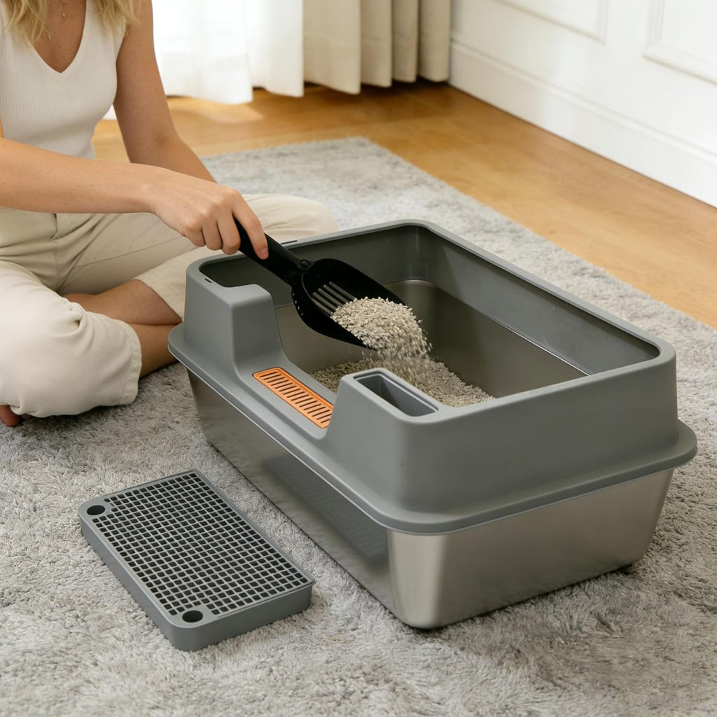 2 Pack Stainless Steel Cat Litter Box with High Sides, Extra Large Open Top Metal Litter Box for Big Cats, Odorless Non-Stick with Scoop and Litter Mat