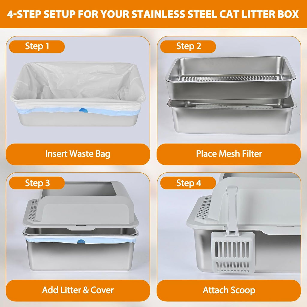 Homegroove Stainless Steel Sifting Litter Box for Pine Pellets, 23.6''Lx15.7''Wx12''H Cat Litter Box with Lid for Indoor Cats Metal Pellet Sifter Litter Pan with Plastic Scoop &10 Urine Pads (6 Inch)