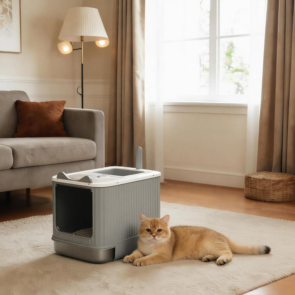Cat Litter Box - Extra Large Kitty Little Tray with Lid, Upgraded Stainless Steel Fully Enclosure Cats Litter Boxes Pan with Complementory Scoop & Drawer Design - Ideal for Larger or Multiple Cat