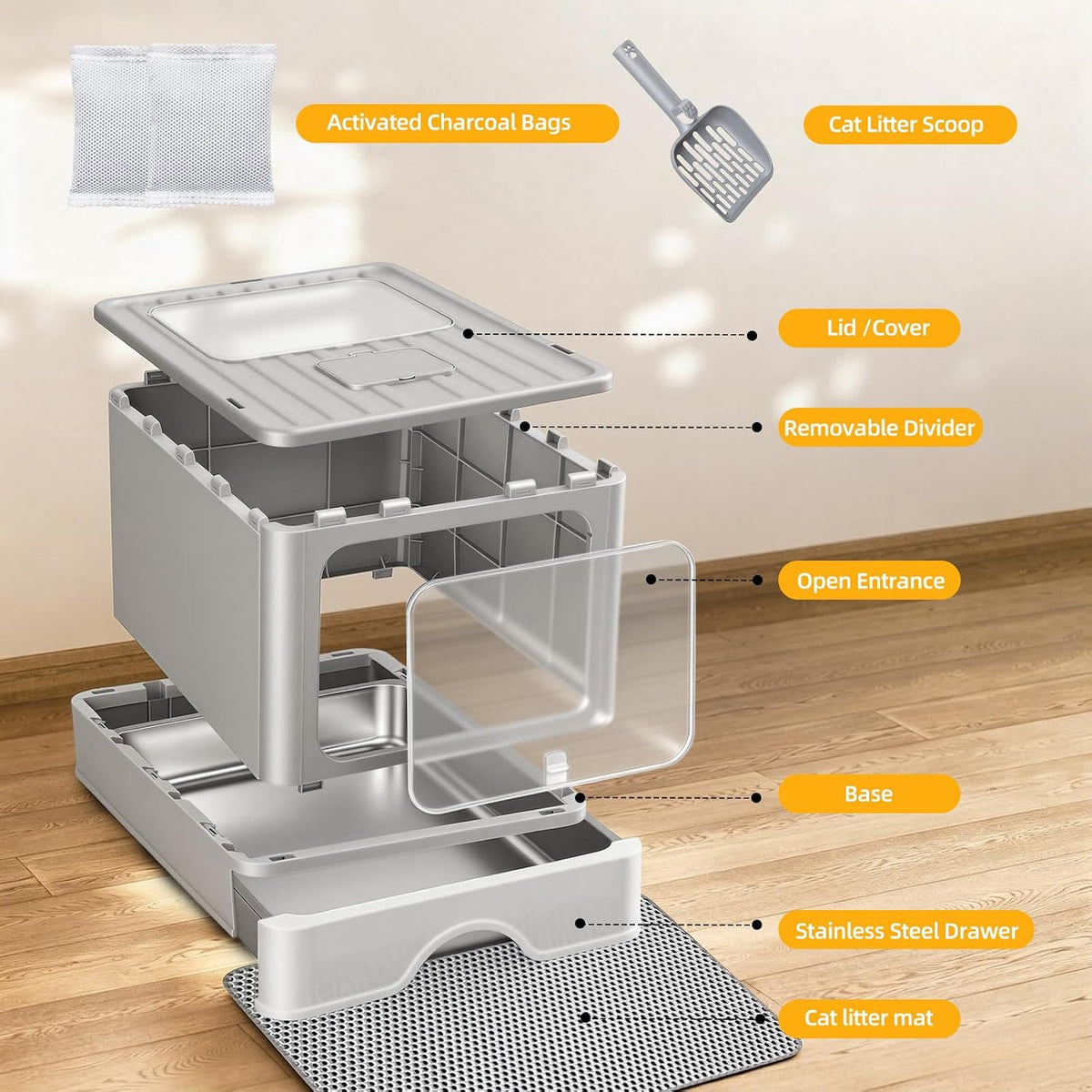 Stainless Steel Enclosed Litter Box, Covered Metal Litter Box with Dual Entry, Anti-Leakage Hooded Litter Pan, Odorless, Easy Clean Flip-Top with Litter Scoop & Litter Mat