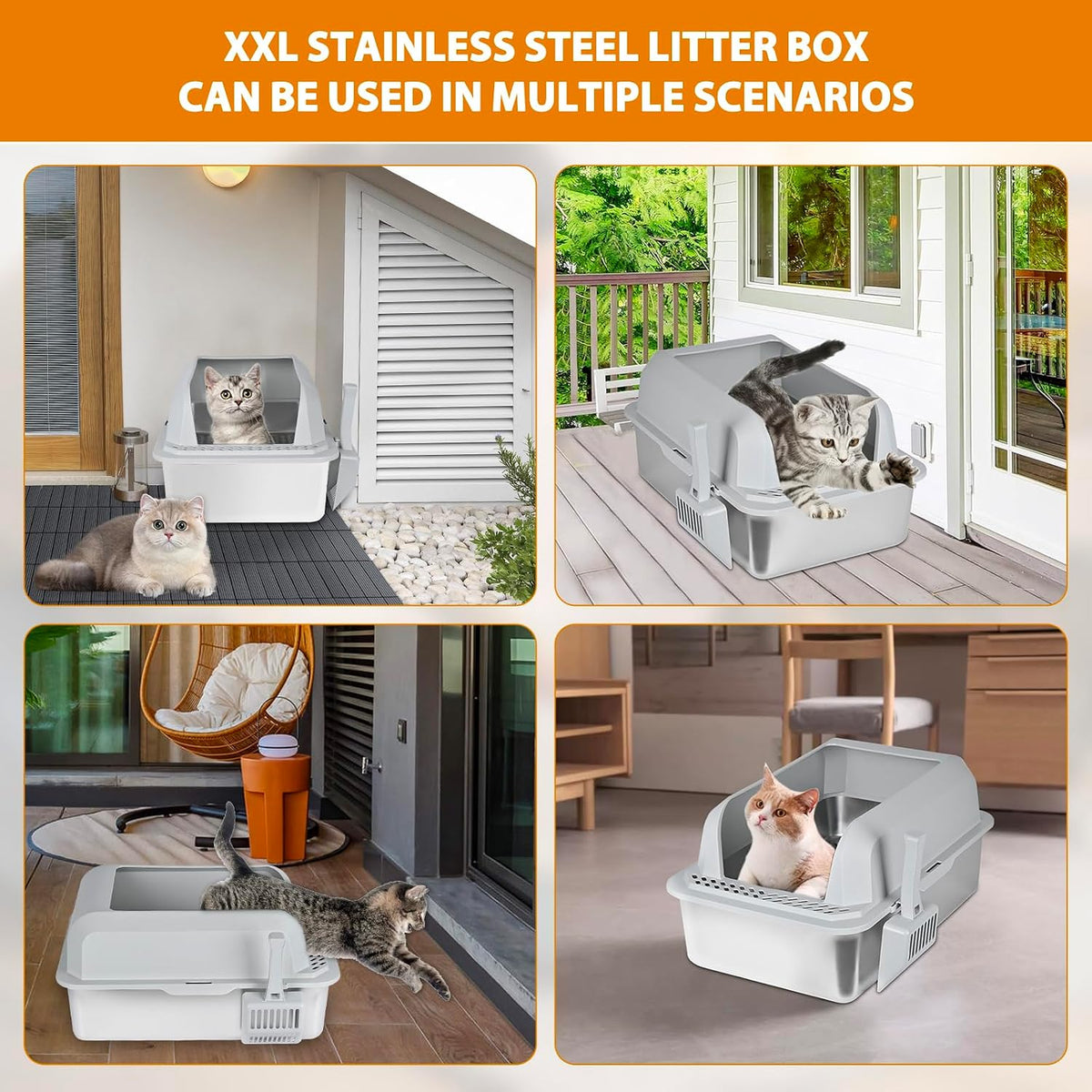 Homegroove Stainless Steel Sifting Litter Box for Pine Pellets, 23.6''Lx15.7''Wx12''H Cat Litter Box with Lid for Indoor Cats Metal Pellet Sifter Litter Pan with Plastic Scoop &10 Urine Pads (6 Inch)