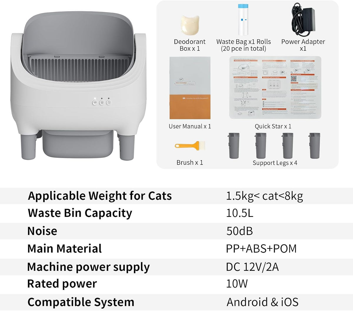 Open Top Design Automatic Cat Litter Box,Self Cleaning Litter Box for Multiple Cats & Senior Cats,App Control with Safty Sensors,Low Odor, Incledes Trash Bags,Grey