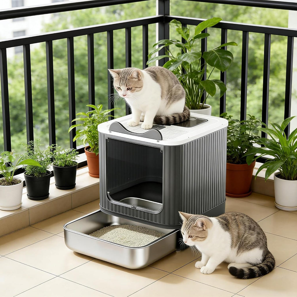 Cat Litter Box - Extra Large Kitty Little Tray with Lid, Upgraded Stainless Steel Fully Enclosure Cats Litter Boxes Pan with Complementory Scoop & Drawer Design - Ideal for Larger or Multiple Cat