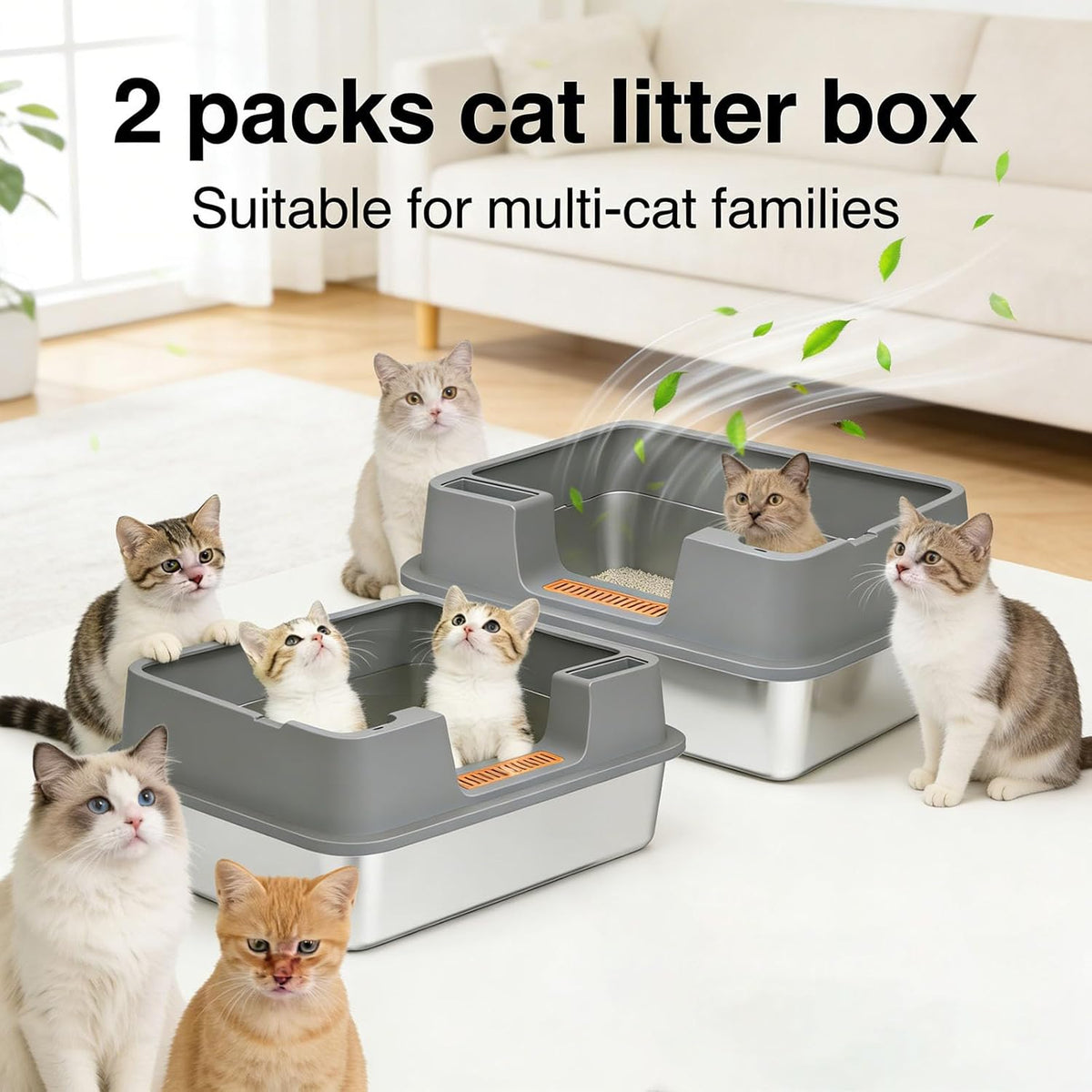 2 Pack Stainless Steel Cat Litter Box with High Sides, Extra Large Open Top Metal Litter Box for Big Cats, Odorless Non-Stick with Scoop and Litter Mat