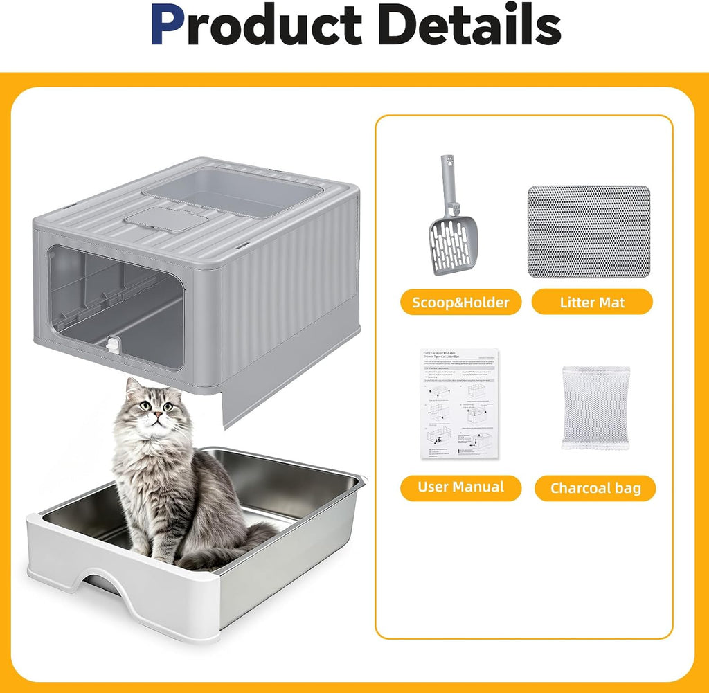 Stainless Steel Enclosed Litter Box, Covered Metal Litter Box with Dual Entry, Anti-Leakage Hooded Litter Pan, Odorless, Easy Clean Flip-Top with Litter Scoop & Litter Mat