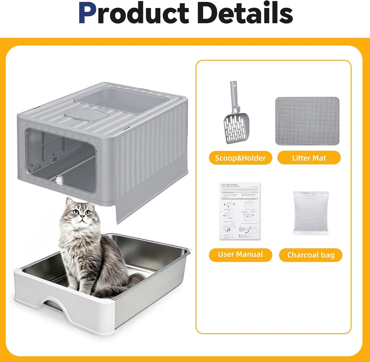 Stainless Steel Enclosed Litter Box, Covered Metal Litter Box with Dual Entry, Anti-Leakage Hooded Litter Pan, Odorless, Easy Clean Flip-Top with Litter Scoop & Litter Mat